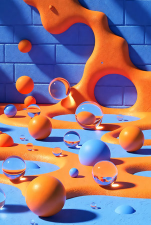 3d render, abstract geometric background, primitive forms, blue and orangeの素材
