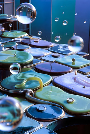 Soap bubbles of different colors on the table, close-upの素材