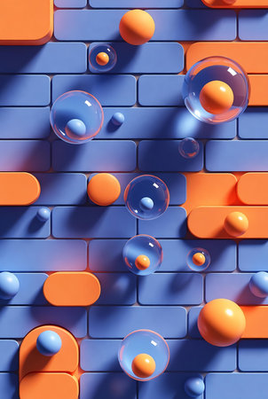 Abstract 3d rendering of geometric shapes in blue and orange color.の素材