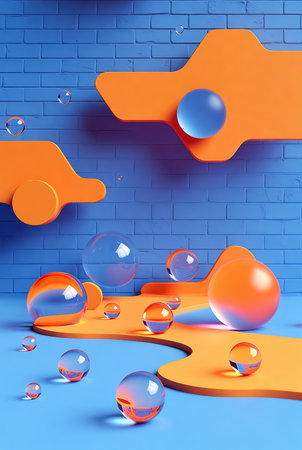 Abstract 3d rendering of blue and orange geometric forms. Glossy transparent balls on blue brick wall backgroundの素材