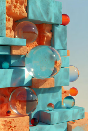 Abstract background with geometric shapes. 3d render. Blue, orange and yellow.の素材