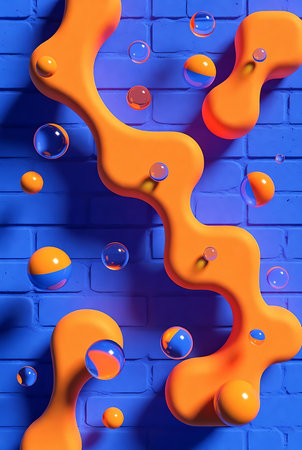 Orange water drops on a blue brick wall background. 3d renderingの素材