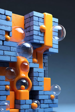3d illustration of abstract geometric composition with bricks and spheres in blue backgroundの素材