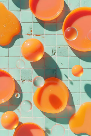 Abstract background of water drops and orange circles on turquoise tileの素材