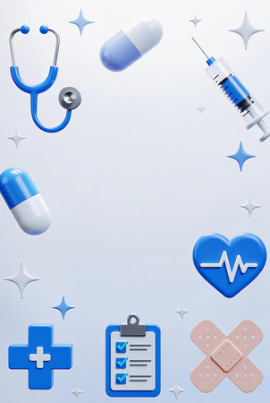 Medical background with stethoscope, pills, syringe and heartsの素材