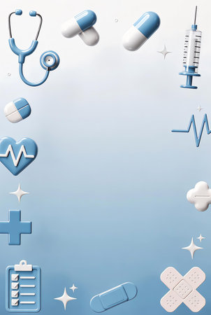 Medical background with stethoscope, pills and medical symbols. Vector illustration.の素材