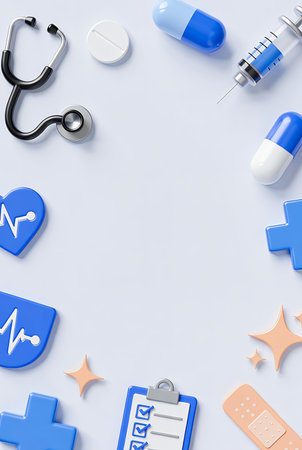 Stethoscope, pills and medical icons on blue background. 3d illustrationの素材