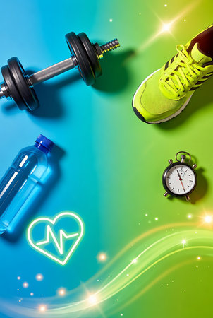 Fitness background with dumbbells, sneakers and bottle of waterの素材