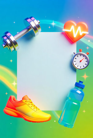 Fitness background with dumbbells, sneakers, water bottle and heartの素材