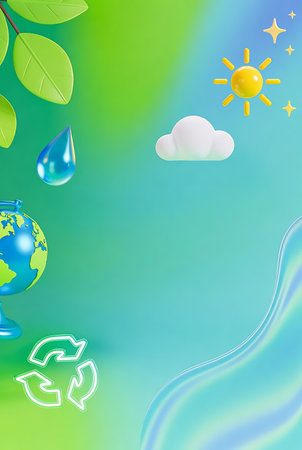 Ecology background with earth, sun, clouds and water drops.の素材