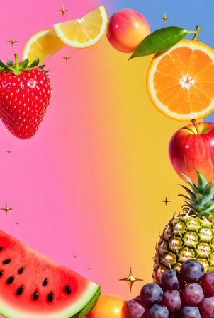 Creative layout made of fresh fruits and berries on colorful background.の素材