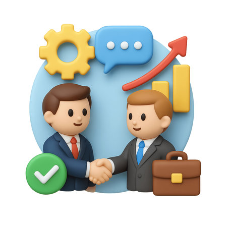 3d illustration of two businessmen shaking hands with speech bubbles and gear iconsの素材