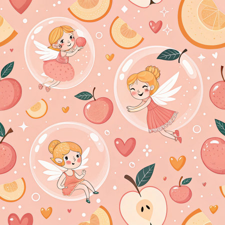 Seamless pattern with cute little angels, apples and oranges.の素材