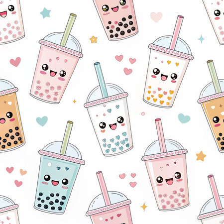 Seamless pattern with cute cartoon bubble tea. Hand drawn illustration.の素材