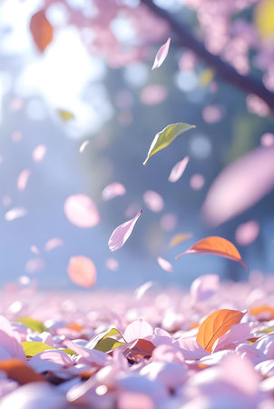 Sakura petals fall on the ground in autumn. Selective focusの素材