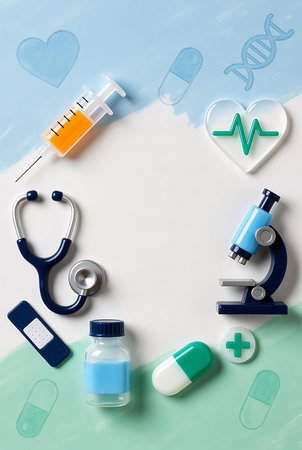 Flat lay composition with medical objects on color background. Space for textの素材