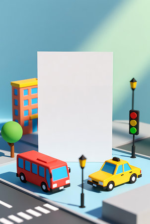 Blank poster on the street with cars and traffic light. 3d renderingの素材