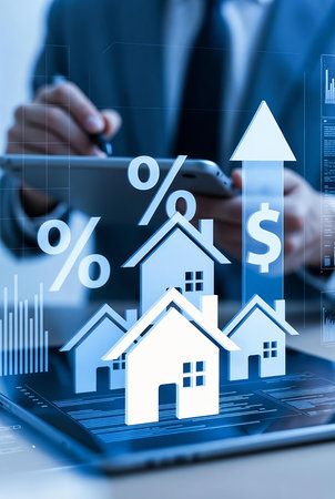 Real estate, property and investment concept. Businessman working with tablet pc.の素材