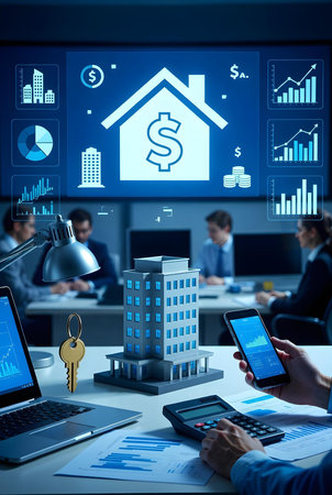 business, technology, internet and real estate concept - close up of businessman with smartphone and laptop computer over office backgroundの素材