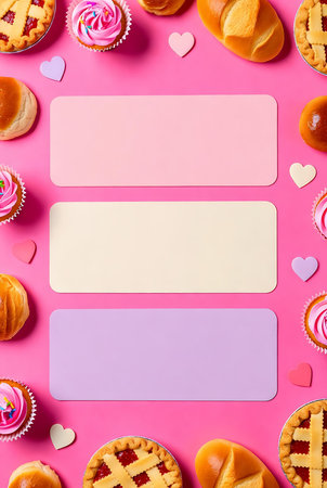 Flat lay composition with delicious cakes and blank card on pink backgroundの素材