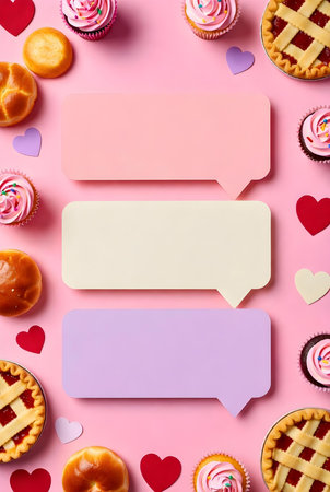 Flat lay composition with delicious cupcakes and blank card on pink backgroundの素材