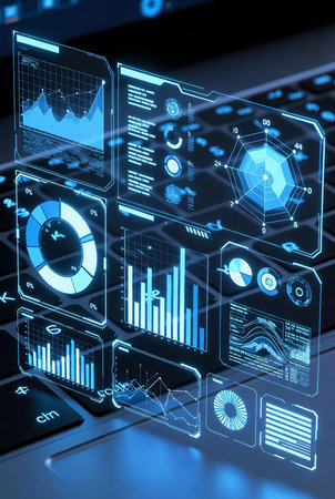 Laptop with digital business interface. 3d rendering toned imageの素材