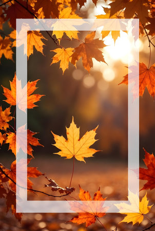 Autumn maple leaves with white frame on bokeh background.の素材