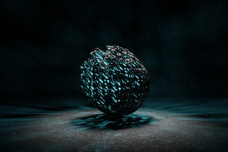 abstract 3d rendering of sphere in dark space with blue lightの写真素材
