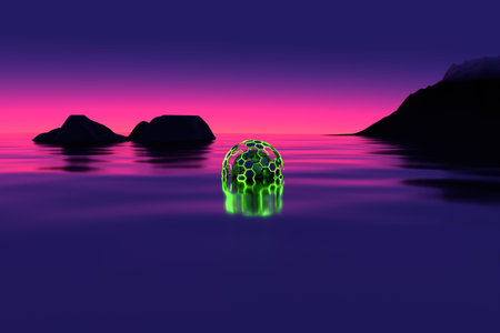 Fantasy landscape with a sphere in the water. 3d renderの写真素材