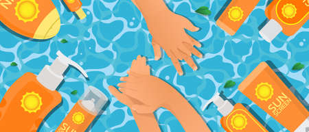 skin concerning the use of sunscreen.vector for sunscreen advertising.summer protection creamのイラスト素材