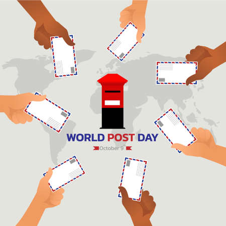 World Post Day with Flying mail paper on the world with world map backgroundのイラスト素材