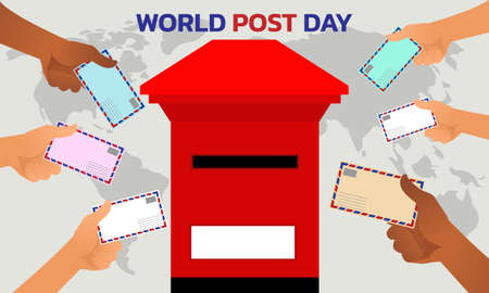 World Post Day with Flying mail paper on the world with world map backgroundのイラスト素材