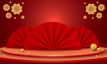 Podium and background for Chinese new year,Chinese Festivals, Mid Autumn Festival , flower and asian elements on background.のイラスト素材