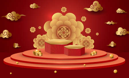 Podium and background for Chinese new year,Chinese Festivals, Mid Autumn Festival , flower and asian elements on background.のイラスト素材