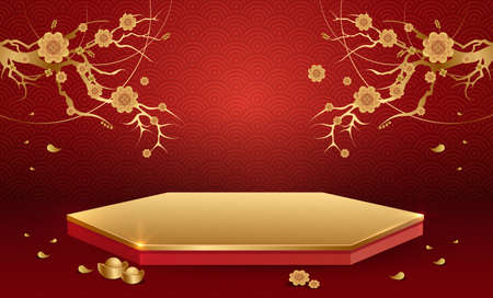 Podium and background for Chinese new year,Chinese Festivals, Mid Autumn Festival , flower and asian elements on background.のイラスト素材