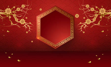 Podium and background for Chinese new year,Chinese Festivals, Mid Autumn Festival , flower and asian elements on background.のイラスト素材