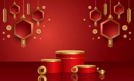 Podium and background for Chinese new year,Chinese Festivals, Mid Autumn Festival , flower and asian elements on background.のイラスト素材