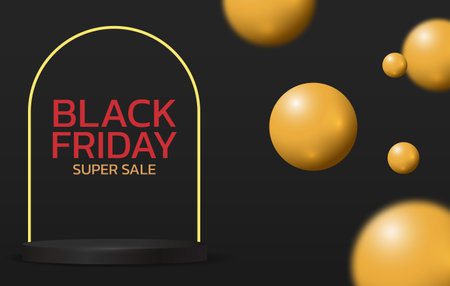 Black Friday Super Sale. Banner, poster on dark background. podium for saleのイラスト素材