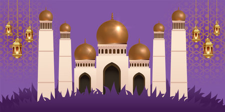 Eid Al Adha Mubarak the celebration of Muslim community festival background design.Vector Illustration. Purple background.のイラスト素材