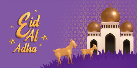 Eid Al Adha Mubarak the celebration of Muslim community festival background design.Vector Illustration. Purple background.のイラスト素材