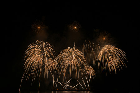 Colorful fireworks celebration from the sea with the midnight sky background.