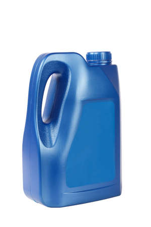 a blue plastic bottle of motor oil with blank label isolated on whiteの写真素材