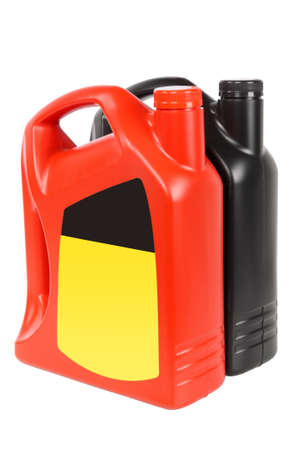 two plastic bottle of engine oil with white backgroundの写真素材