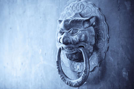 close up of the lion knocker on the old doorの写真素材