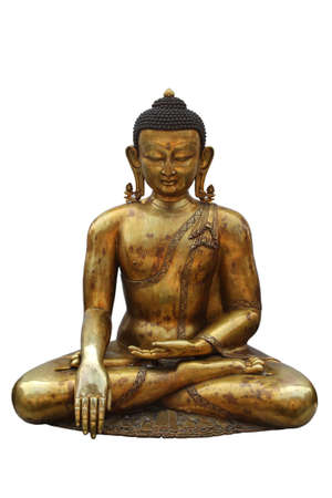sitting gold buddha statue on white backgroundの写真素材