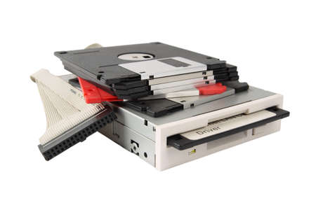 floppy disk and drive and data line with white backgroundの写真素材