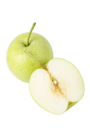 one and a half ripe green pears isolated on white background の写真素材