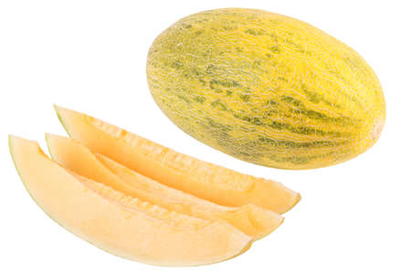 yellow melon with white background, whole and slices の写真素材
