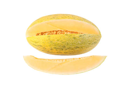 a fresh melon and slice isolated on whiteの写真素材