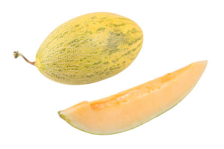 yellow melon with white background, whole and sliceの写真素材